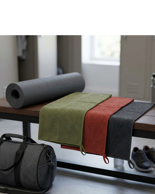 Krena Compact Training Towel Set of 3 50 x 25 cm Olive Brick and Charcoal - Lifestyle view